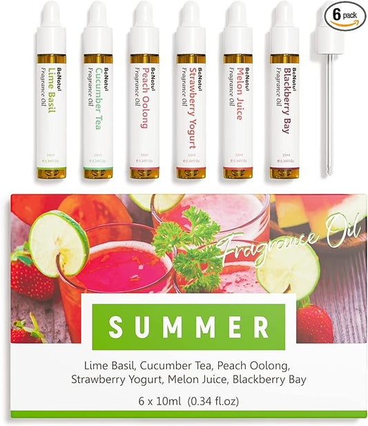Benatu Summer Premium Fragrance Oils Set for Diffuser, Candle, Soap Making - Fruity Scents Aromatherapy Perfume Oil Gift for Home (Lime Basil, Cucumber, Peach, Strawberry, Melon, Blackberry Bay) 6 Pcs