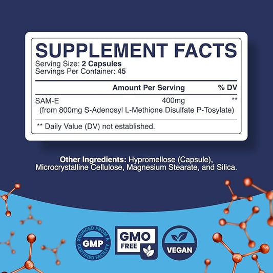 Pure SAM E Supplement 400mg - Nootropic SAM E 400mg Per Serving for Memory & Brain Support, Joint & Liver Health - Natural S-adenosylmethionine for Mood Balance - 90 Capsules