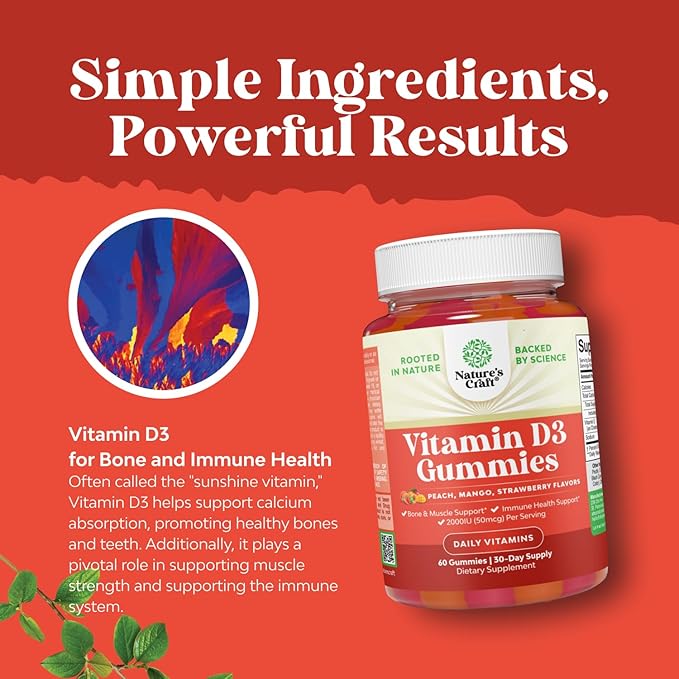 Natures Craft Vitamin D3 Gummies for Daily Wellness - Delicious D Adults with 2000IU per Serving Bone Muscle & Immune Support Non-GMO Gelatin Gluten Free (30 Day Supply)