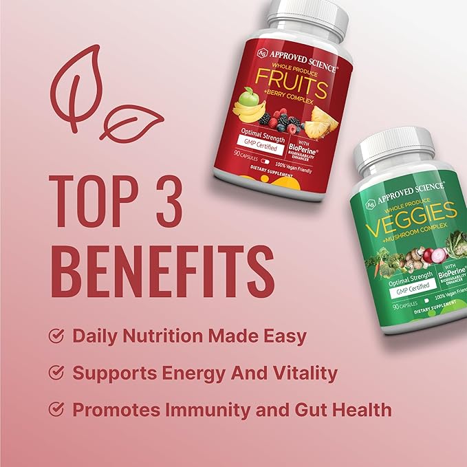 Approved Science Fruits & Veggies - 42 Whole Fruit and Veggie Supplement - Enhanced Health & Vitality - Daily Natural Vitamins, Minerals, Antioxidants - 270 Capsules Each - 3-Month Supply