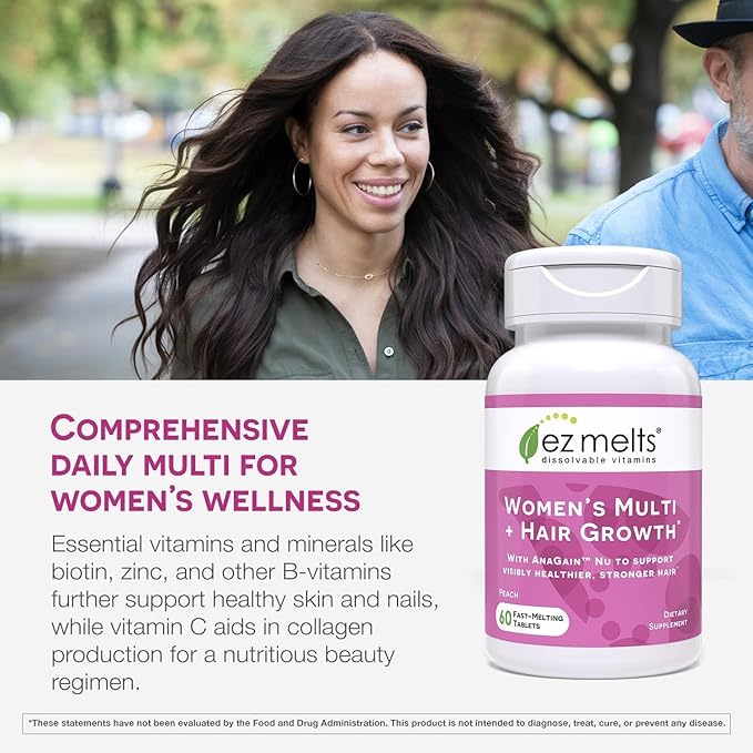 EZ Melts Dissolvable Multivitamin for Women + Hair Growth with Biotin, Bamboo Extract & Clinically Studied AnaGain Nu, Supports Visibly Healthier, Stronger Hair, Sugar-Peach Flavor - 1 Pack