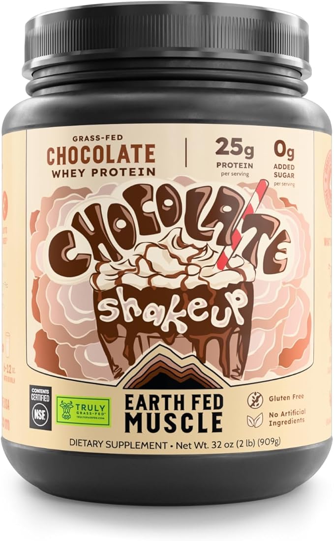 Earth Fed Muscle Chocolate Shakeup Truly Grass Fed Whey Protein Isolate NSF-Certified. No Artificial Ingredients, Soy Free, Gluten Free, Non-GMO and Hormone Free (2 Pound, 29 Servings, Chocolate)