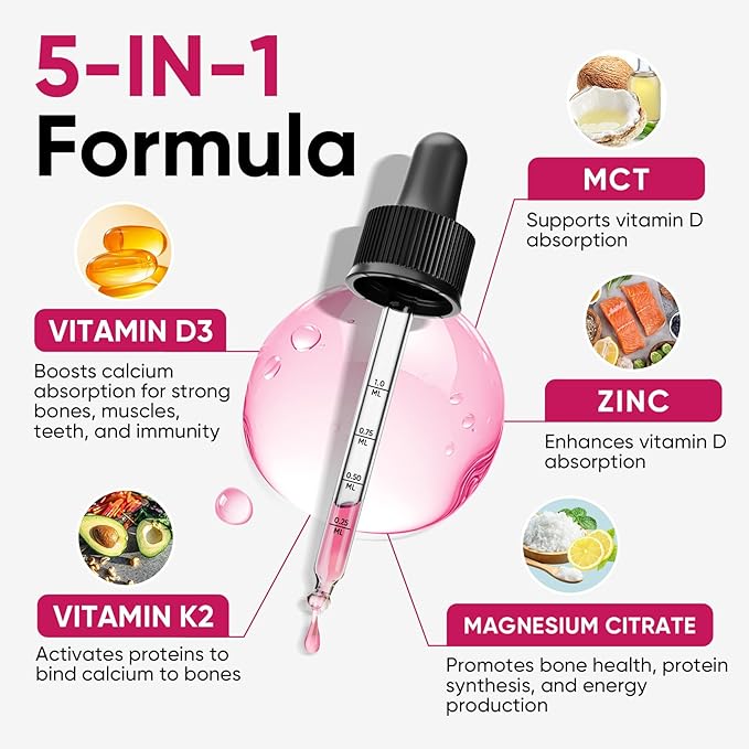 Venture Pal 5-in-1 Vitamin D3 10000 IU & K2 as MK-7 200mcg with Magnesium, MCT Oil, Zinc, Sugar-Free Vitamin D Liquid |Maximum Absorption for Bone, Mood & Immune Health - 2 FL OZ, 60 Days