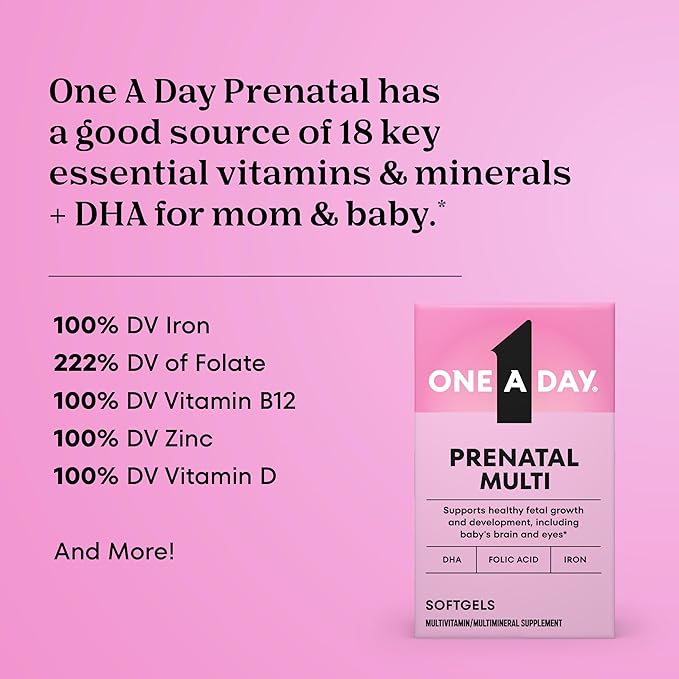 One A Day Prenatal Vitamins- Folic Acid, Iron, Omega- 3 (DHA), Pregnancy Vitamins for Women, Prenatal Multivitamin for Mom and Baby Support, Pregnancy Must Haves 90 Ct (Packaging May Vary)