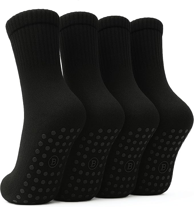 BELINO Pilates Socks for Women with Non Slip Grippers – Crew Socks for Yoga, Barre, Gym, Workout, Hospital 4 Pairs