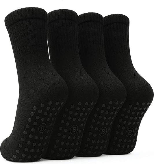BELINO Pilates Socks for Women with Non Slip Grippers – Crew Socks for Yoga, Barre, Gym, Workout, Hospital 4 Pairs