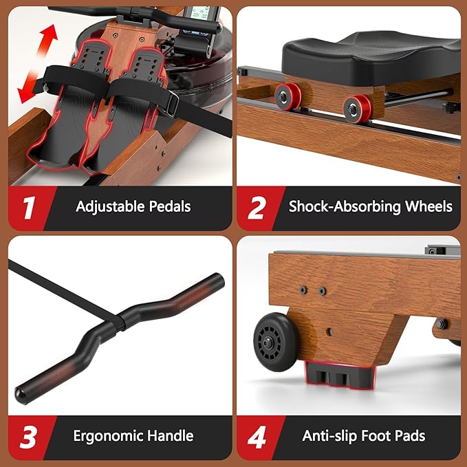 Water Rowing Machine for Home Use, WENOKER Wooden Foldable Rower Machine with Adjustable Monitor & Bluetooth APP, Large Water Tank & Comfortable Seat for Immersive Water Rower, 350LBS Weight Capacity