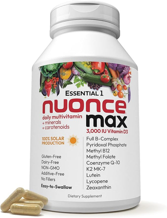 ANDREW LESSMAN Essential-1 nuonce max Multivitamin 3000 IU Vitamin D3 360 Small Capsules. 100 mcg Methyl B12. CoQ10 Lutein Lycopene Zeaxanthin. High Potency. No Additives. Ultra-Mild One Daily Capsule
