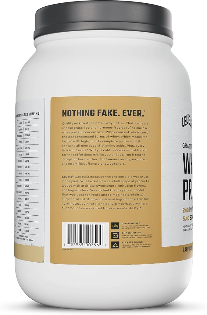 Levels Grass Fed Whey Protein Powder, No Artificials, 24G of Protein, Cappuccino, 2LB