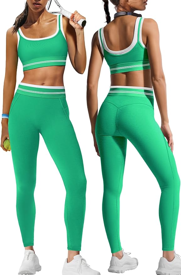 Panadila Womens Yoga Set 2 Piece Outfits Striped Workout Set Gym Matching Sports Bra and High Waist Leggings Activewear
