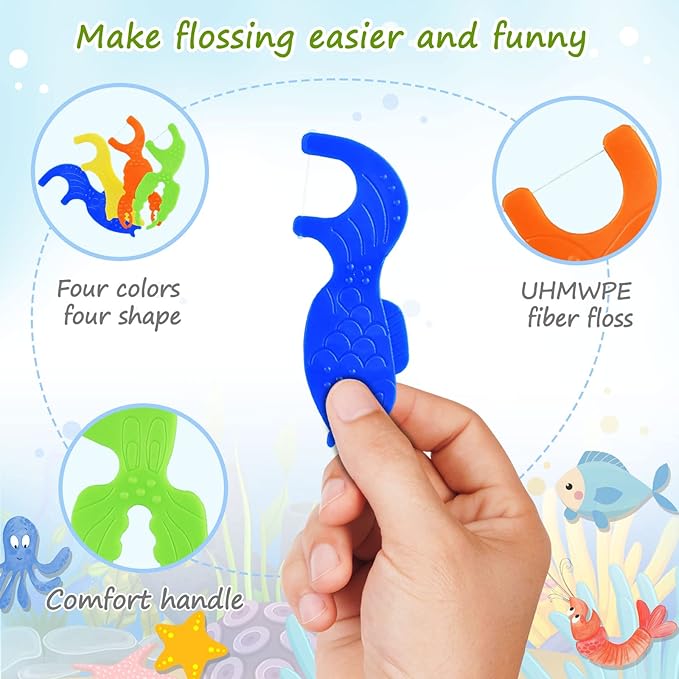 Kids Flossers, Kids Dental Floss Picks Without Fluoride, Unflavored, 4 Colors Ocean Animals Shaped Makes Flossing Fun, 50 Count (Pack of 4)