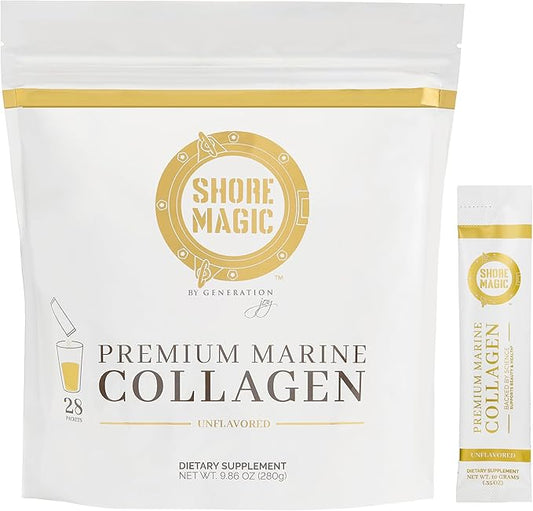 Shore Magic Premium Marine Collagen Powder – Hydrolyzed Type I, II, III & IV Peptides for Skin, Hair, Nails & Joints – Wild-Caught Fish, Kosher, Unflavored, Travel Friendly, 28 Daily Packets