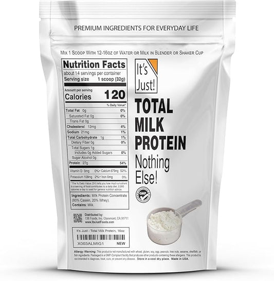 It's Just! - Total Milk Protein Concentrate Powder, Naturally 80% Casein / 20% Whey, rBSH/RBST Hormone Free, No Added Sugar, MPC-85 (1 Pound, Unflavored)
