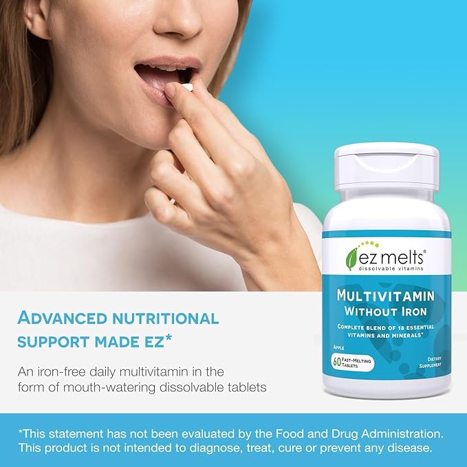 EZ Melts Dissolvable Multivitamin Without Iron, 18 Vitamins & Minerals Including Vitamin A, Biotin, Vitamin B12, Vitamin C, Vitamin D3, Zinc and More, Sugar-Free, 1-Month Supply - 1 Pack