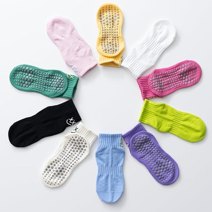Yoga Pilates Socks with Grips for Women Non Slip Colorful Cushioned Ankle Socks for Barre Ballet Dance
