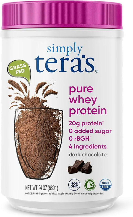 simply tera's Pure Whey Protein Powder - Dark Chocolate Clean Protein Powder, Grass Fed Whey Protein Powder Without Artificial Sweeteners, Clean Label, Non-GMO, Kosher, rBGH-Free - 24 Oz