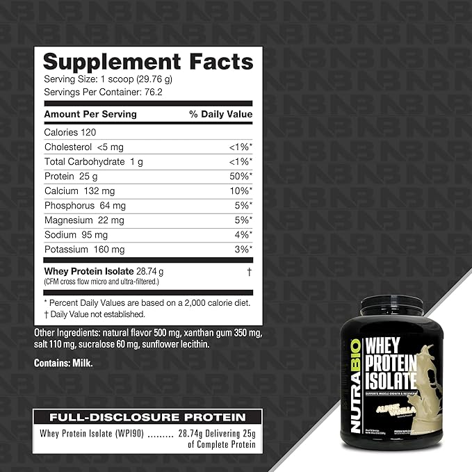 NutraBio 100% Whey Protein Isolate Protein Powder, 25g Protein with Complete Amino Acid Profile, Non-GMO, Soy & Gluten Free, Low Carb, Low Calorie Whey Protein Powder, Alpine Vanilla, 5 Lbs