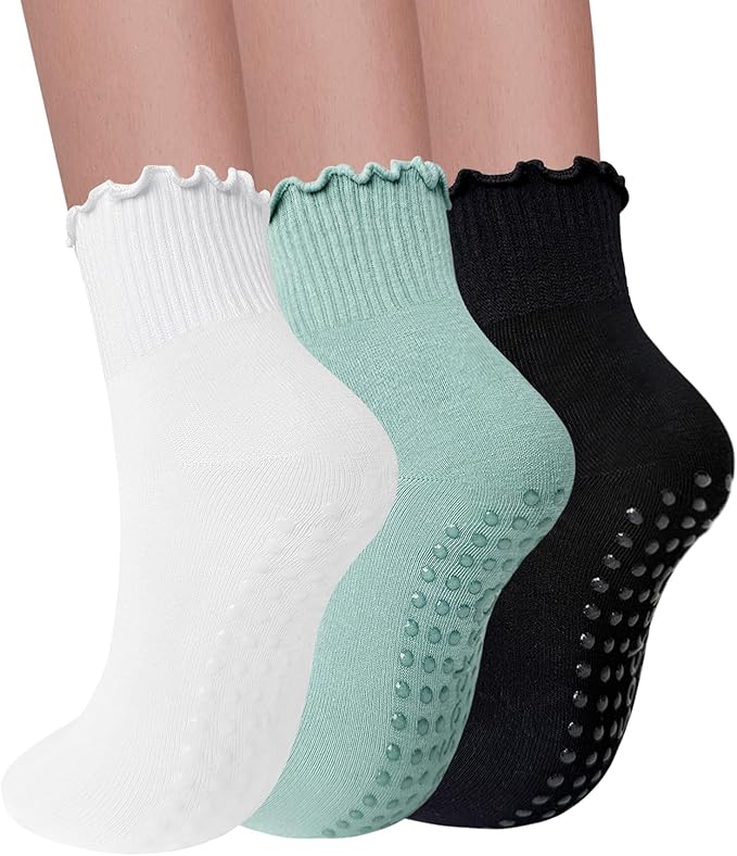 3 Pairs Pilates Socks with Grips for Women Non Slip Grip Ruffle Yoga Ankle Grippy Socks