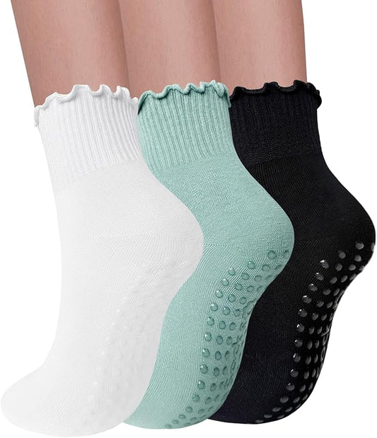 3 Pairs Pilates Socks with Grips for Women Non Slip Grip Ruffle Yoga Ankle Grippy Socks
