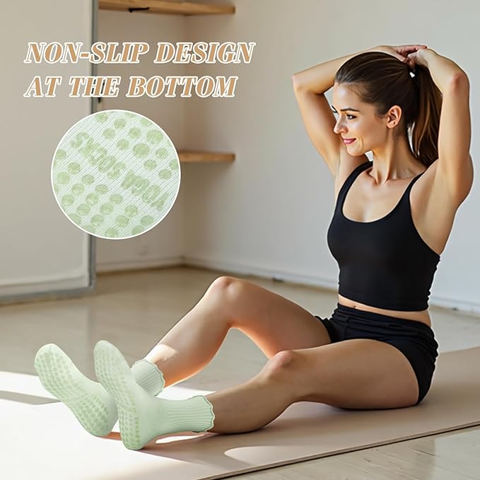 Justay 6 Pairs Womens Pilates Socks with Grips Crew Non Slip Ruffle Cotton for Athletic Workout Barre Hospital Yoga Socks