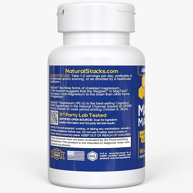 Magnesium Magtein L-Threonate, Glycinate & Taurate – 200mg Chelated Magnesium Complex – MagTech Magnesium Supplement for Relaxation & Brain Health – 90 Capsules
