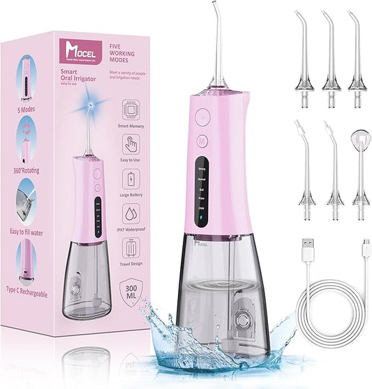 Water Dental Flosser OLED Display Cordless Teeth Cleaning MOCEL 5 Modes Oral Irrigator 300ML Portable and USB C Rechargeable IPX7 Waterproof Floss Teeth Pick (Pink)