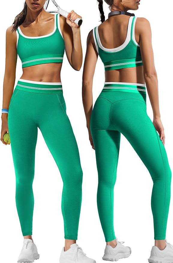 Panadila Womens Yoga Set 2 Piece Outfits Striped Workout Set Gym Matching Sports Bra and High Waist Leggings Activewear