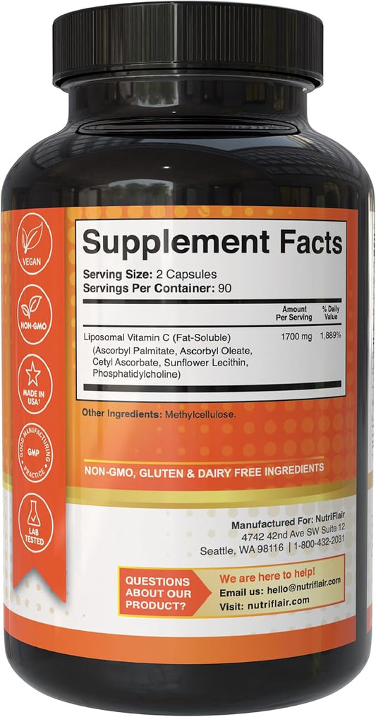 NutriFlair Liposomal Vitamin C 1700mg, 180 Capsules - High Absorption, Fat Soluble VIT C, Higher Bioavailability Immune System Support & Collagen Booster, Non-GMO, Vegan Pills