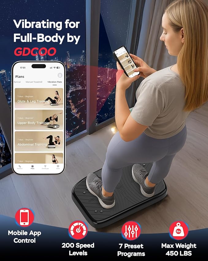 Vibration Plate Exercise Machine, Vibrating Plate Platform for Lymphatic Drainage with 200 Adjustable Speeds, Power Vibration Plate for Weight Loss & Fitness, Supports Max Weight 450 Lbs