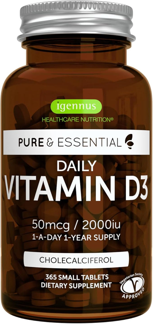 Daily Vitamin D3 2000iu, 50 mcg, Clean Label, 365 Small Tablets, 1-Year Supply, Vegetarian Cholecalciferol Vitamin D Supplement, Pure and Essential by Igennus