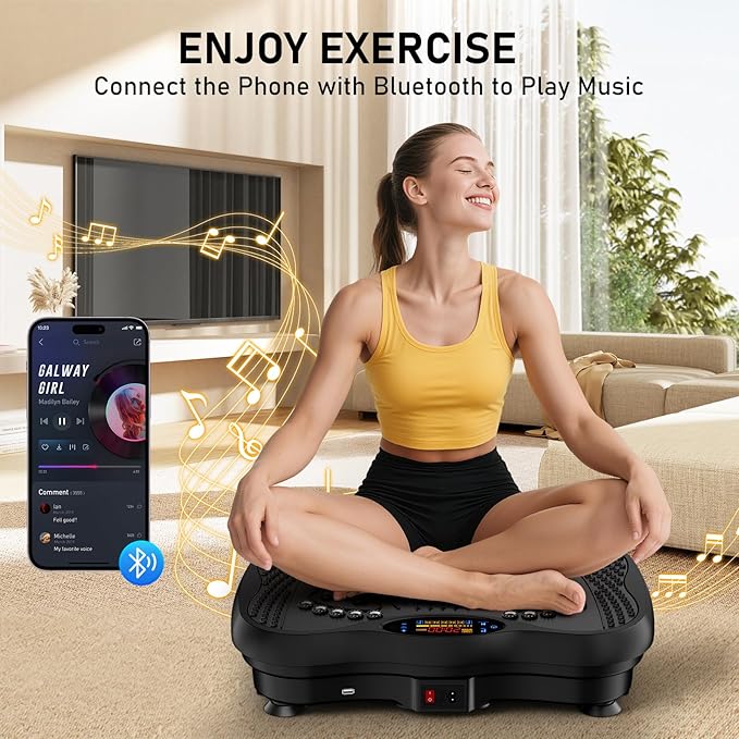 Vibration Plate Exercise Machine, 130 Speeds Home Fitness Vibrating Plate for Lymphatic Drainage Weight Loss, 450 Lbs Capacity Full Body Workout Platform with Resistance Bands Bluetooth for Women Men
