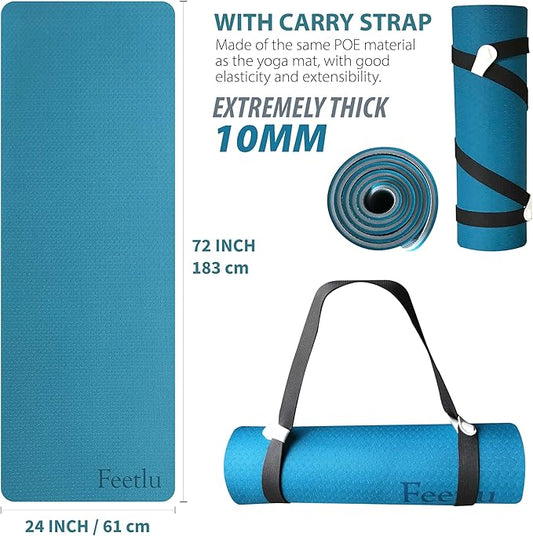 Extra Thick Exercise Yoga Mat with Strap - 2/5 Inch (10MM), Non-Slip Workout Mat for Yoga, Pilates, and Floor Exercises
