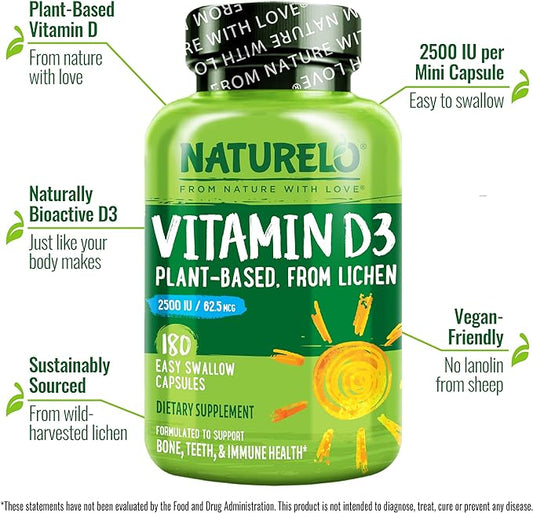NATURELO Vitamin D - 2500 IU - Plant Based from Lichen - Natural D3 Supplement for Immune System, Bone Support, Joint Health - Vegan - Non-GMO - Gluten Free - 180 Capsules