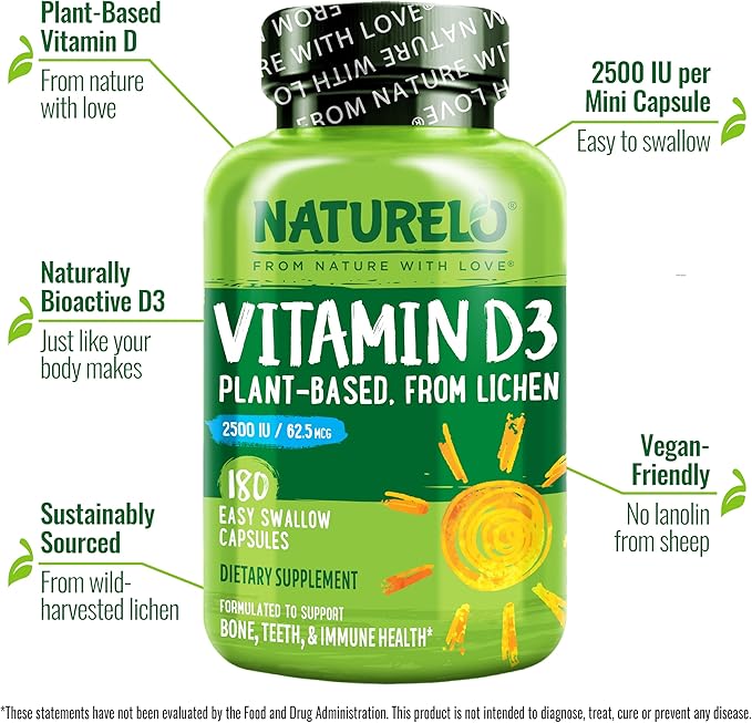 NATURELO Vitamin D - 2500 IU - Plant Based from Lichen - Natural D3 Supplement for Immune System, Bone Support, Joint Health - Vegan - Non-GMO - Gluten Free - 180 Capsules (Pack of 2)