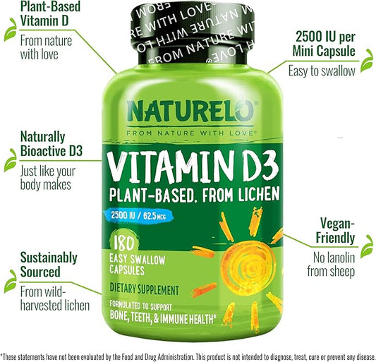 NATURELO Vitamin D - 2500 IU - Plant Based from Lichen - Natural D3 Supplement for Immune System, Bone Support, Joint Health - Vegan - Non-GMO - Gluten Free - 180 Capsules (Pack of 2)