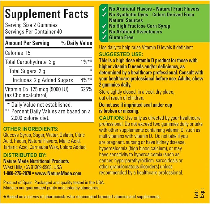 Nature Made Vitamin D3 5000 IU Per Serving Gummies Extra Strength, Bone and Immune Health Support, 80 Vitamin D Gummies for Adults, 40 Day Supply