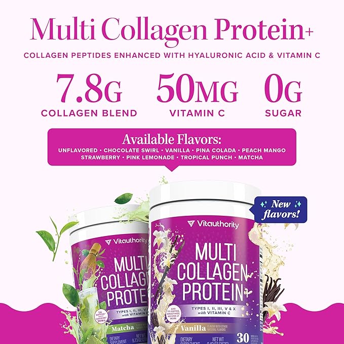 Muti Collagen Protein Powder Multi Collagen Peptides Powder for Women -Types I II III V & X Vitamin C & Hyaluronic Acid for Hair Skin and Nails Matcha Flavored - 30 Servings