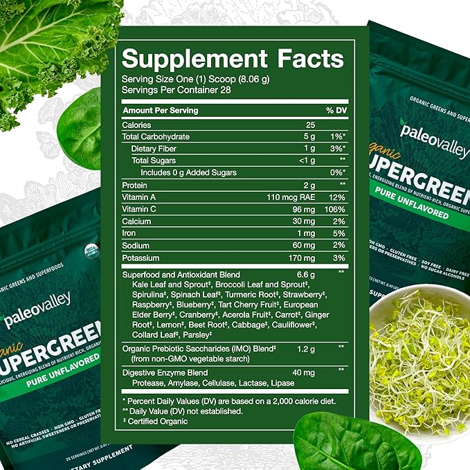 Paleovalley Organic Supergreens Powder - 23 Superfoods with Prebiotic Fiber for Energy and Immunity Support - No Cereal Grasses for Maximum Absorption - Pure Unflavored, 28 Servings