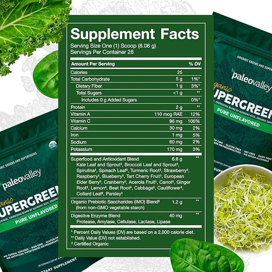 Paleovalley Organic Supergreens Powder - 23 Superfoods with Prebiotic Fiber for Energy and Immunity Support - No Cereal Grasses for Maximum Absorption - Pure Unflavored, 28 Servings