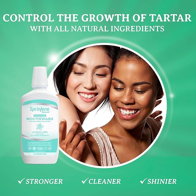SprinJene Fluoride Free Mouthwash Alcohol Free for Fresh Breath Gum Health Dry Mouth Whitening Teeth w/Black Seed Oil, Zinc, Xylitol –All Natural Vegan Gluten Free Kosher Halal SLS Free& Non Toxic-2PK