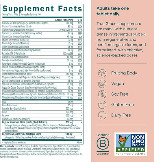 True Grace One Daily Women’s Multivitamin Fermented Minerals, Organic Adaptogens & Mushrooms Whole Body Balance, Immune, Energy, Beauty Support - Non-GMO, Gluten Free, Soy Free - 90 Vegan Tablets