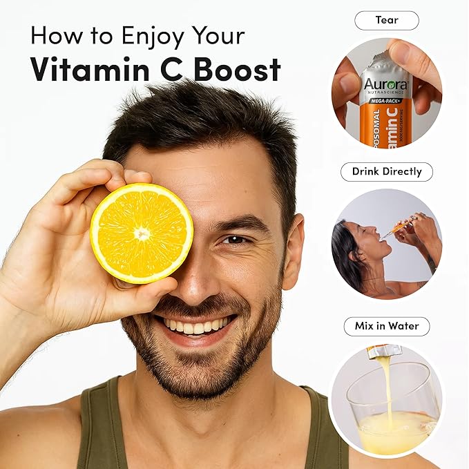 Aurora Nutrascience Mega Liposomal Vitamin C 32 Pack + Vitamin D3/K2 Bottle Bundle - Supplement for Immune Support & Cognitive Health - 32 Servings Each