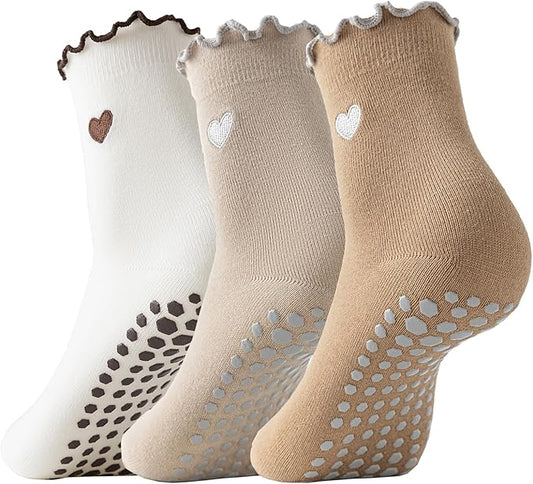 3 Pairs Pilates Socks with Grips Non-slip Ruffle Cute Heart Yoga Grip Sock for Women