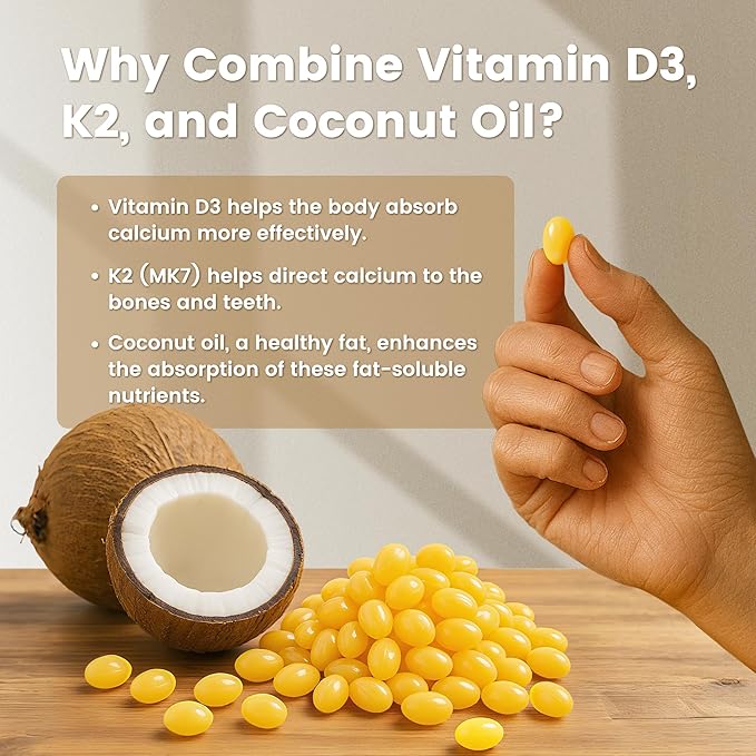 VEV Corefeel Vitamin D3 K2, 5000 IU D3 100mcg K2 (MK 7), 300 Softgels, 2-in-1 Vitamin D & K Supplement with Coconut Oil, Supports Calcium Absorption and Bone Health, Easy to Swallow