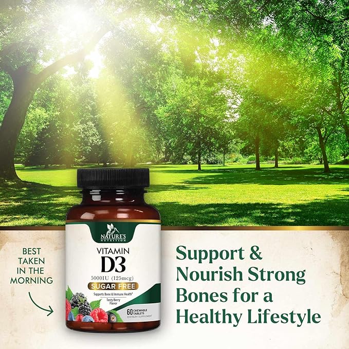 Vitamin D3 5000 IU (125 mcg) Nature's Extra Strength Vitamin D Supplement Chewable for Immune Support Health - Bone, Teeth and Muscle Supplements - Sugar Free, Non-GMO, Gluten Free - 60 Count Tablets