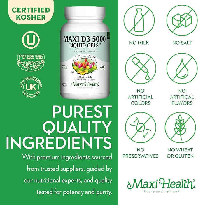 Maxi Health D3 5000 Liquid Gels - Natural Vitamin D3 - Nutrition Supplement - 180 Capsules - Kosher