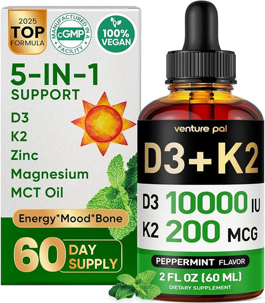 Venture Pal 5-in-1 Vitamin D3 10000 IU & K2 as MK-7 200mcg with Magnesium, MCT Oil, Zinc, Sugar-Free Vitamin D Liquid |Maximum Absorption for Bone, Mood & Immune Health - 2 FL OZ, 60 Days
