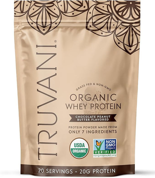 Truvani Organic Whey Protein Powder | Chocolate Peanut Butter | 20g Grass Fed Whey Protein | 20 Servings | USDA Organic & Non-GMO | Gluten Free | No Gums, No Soy, No Stevia, No Added Sugars