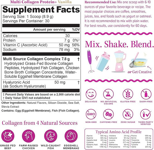 Multi Collagen Peptides Powder for Women - Hydrolyzed Collagen Powder for Women with Types I II III Plus Vitamin C & Hyaluronic Acid for Beautiful Hair Skin and Nails 30 Servings Vanilla Flavored