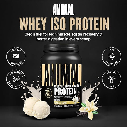 Animal Whey Isolate Protein Powder - Loaded for Pre & Post Workout Muscle Builder and Recovery with Digestive Enzymes for Men & Women - 25g Protein, Great Taste, Low Sugar - Vanilla 2 lbs